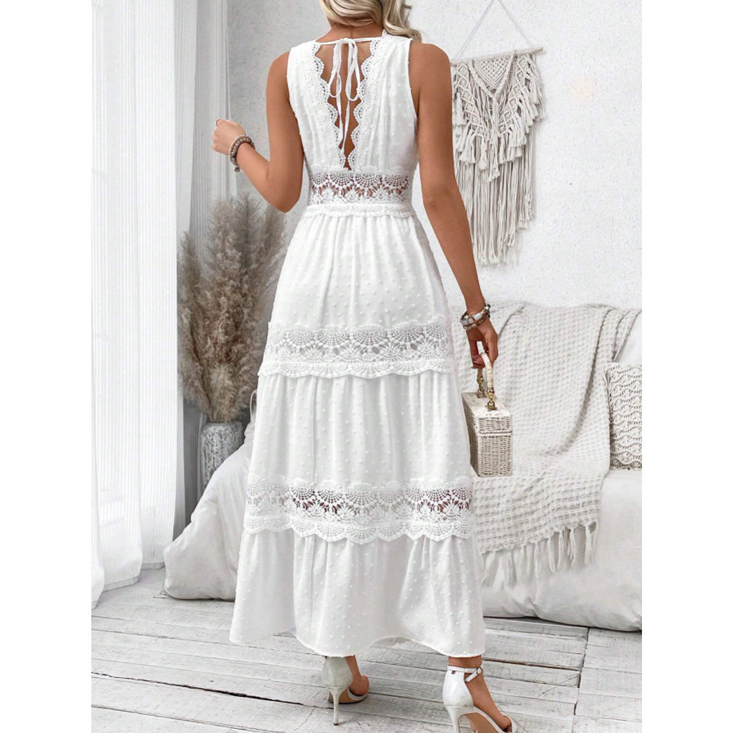 Robe col V en dentelle pour femme