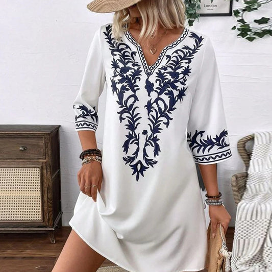 Robe bohème col V à manches mi-longues