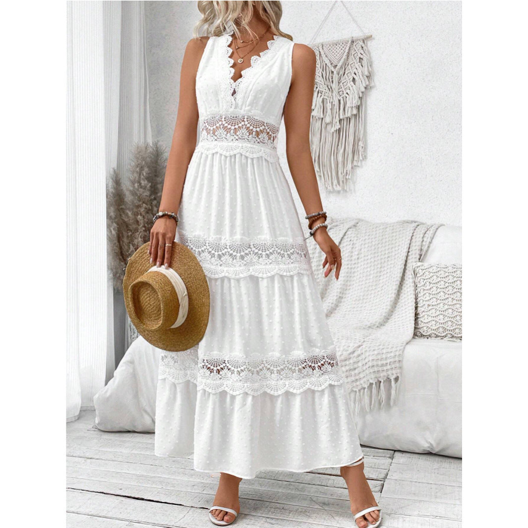 Robe col V en dentelle pour femme