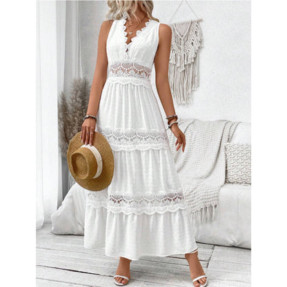 Robe col V en dentelle pour femme