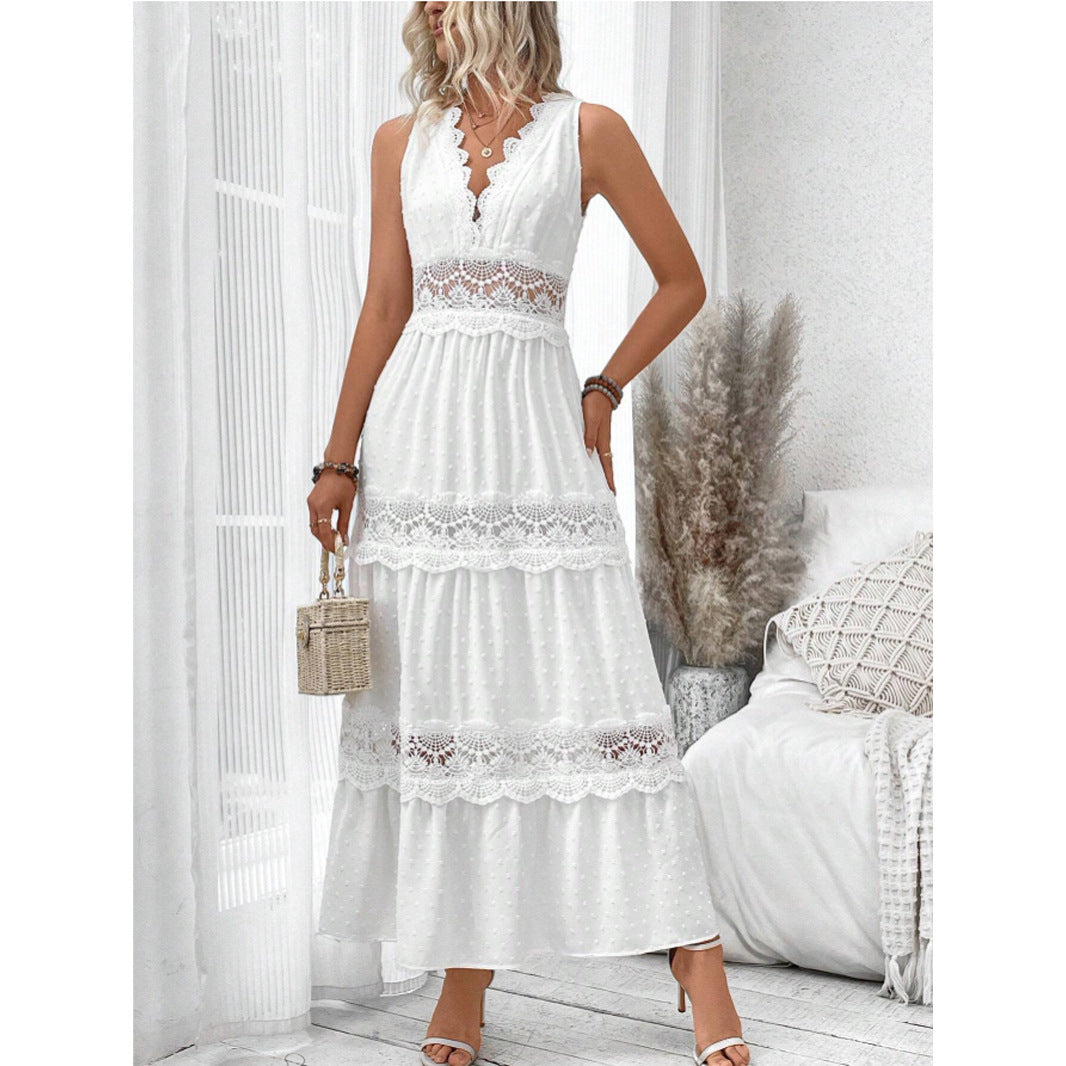 Robe col V en dentelle pour femme