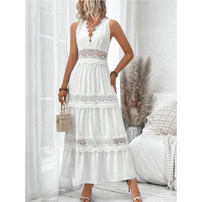 Robe col V en dentelle pour femme