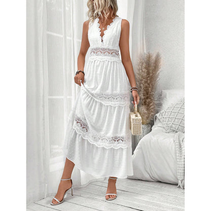 Robe col V en dentelle pour femme