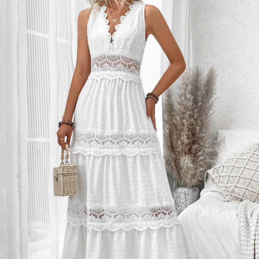 Robe col V en dentelle pour femme