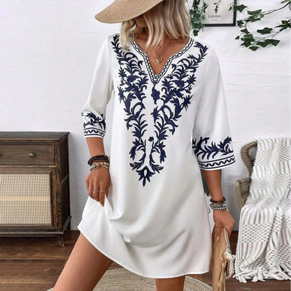 Robe bohème col V à manches mi-longues