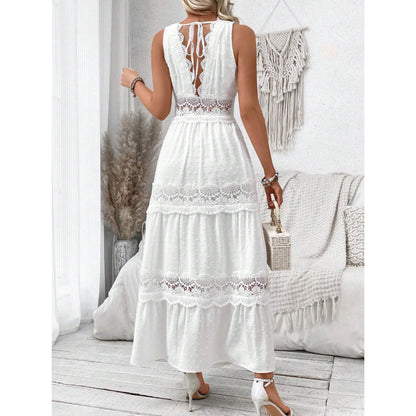 Robe col V en dentelle pour femme