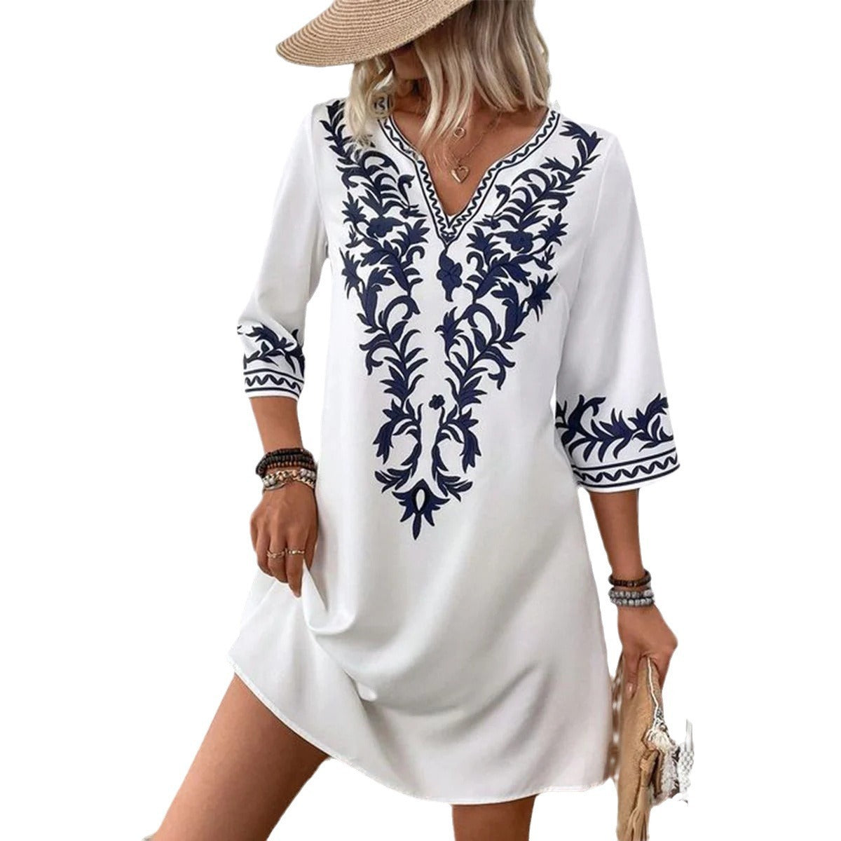 Robe bohème col V à manches mi-longues