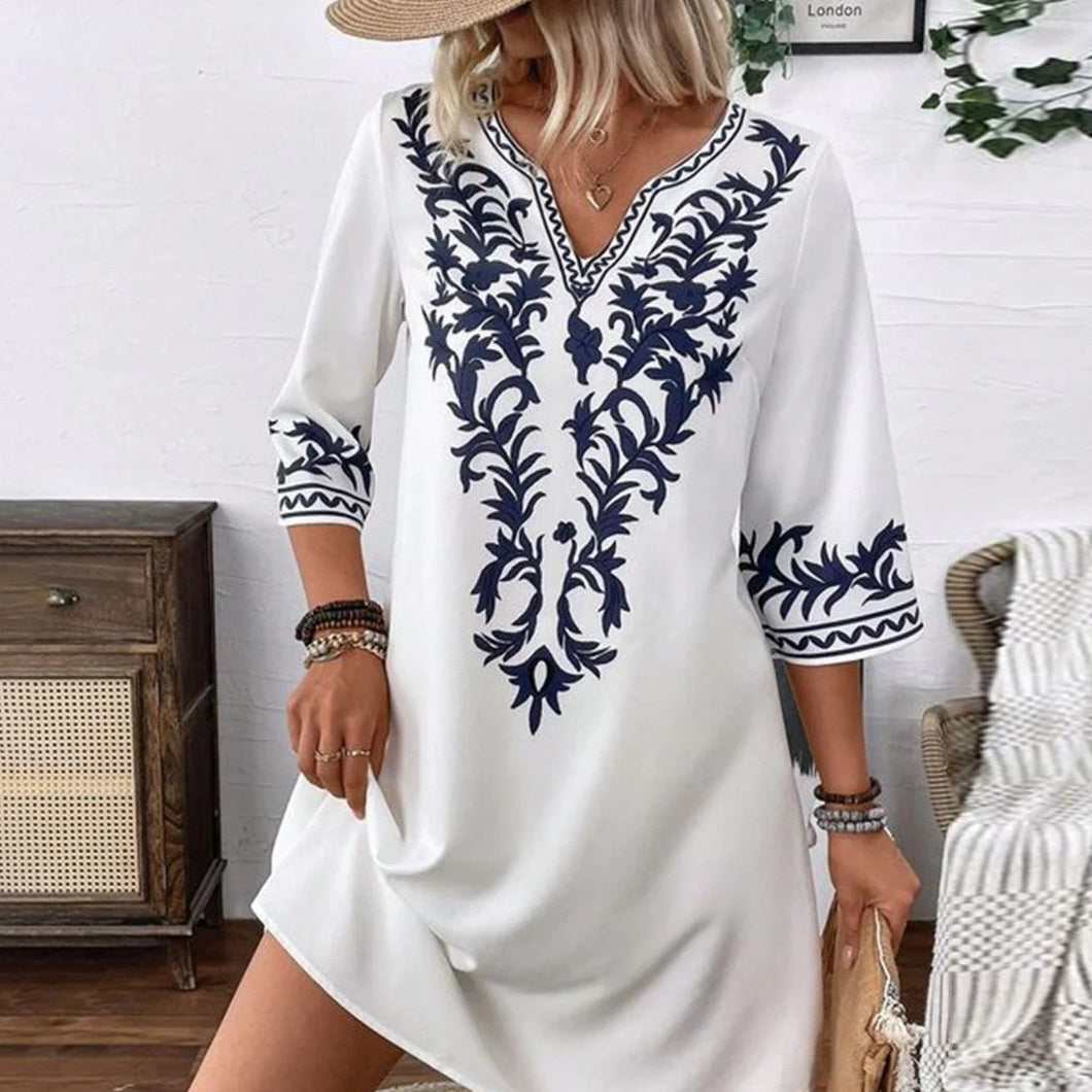 Robe bohème col V à manches mi-longues