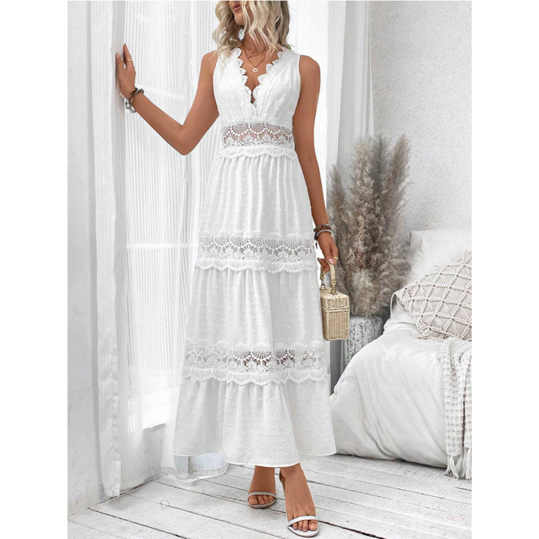 Robe col V en dentelle pour femme