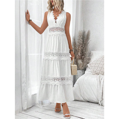 Robe col V en dentelle pour femme